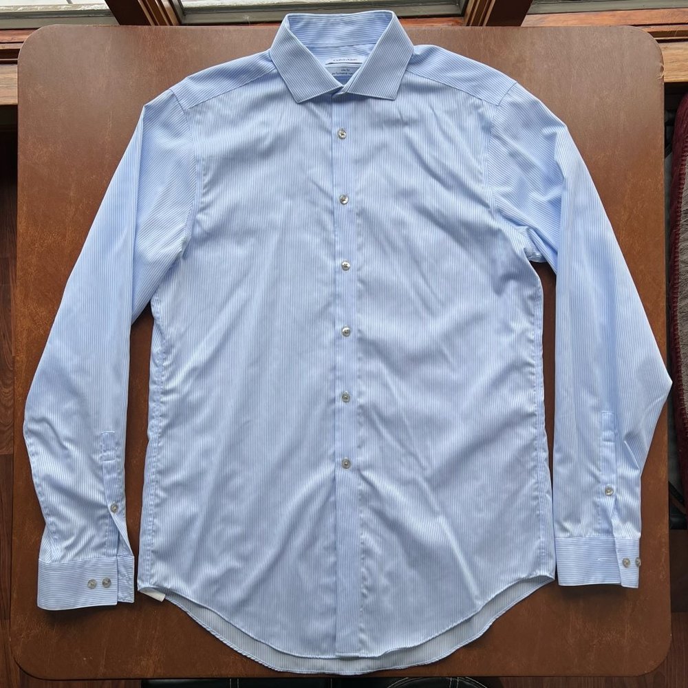 Calvin Klein Steel Slim Fit Non-Iron Dress Shirt Blue White Striped (15.5 34/35)